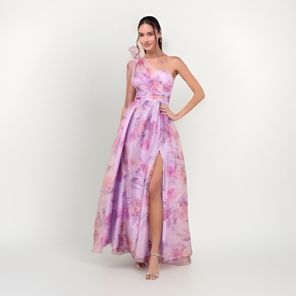 Lulus One-Shoulder Lavender Floral Maxi Dress with Thigh Slit